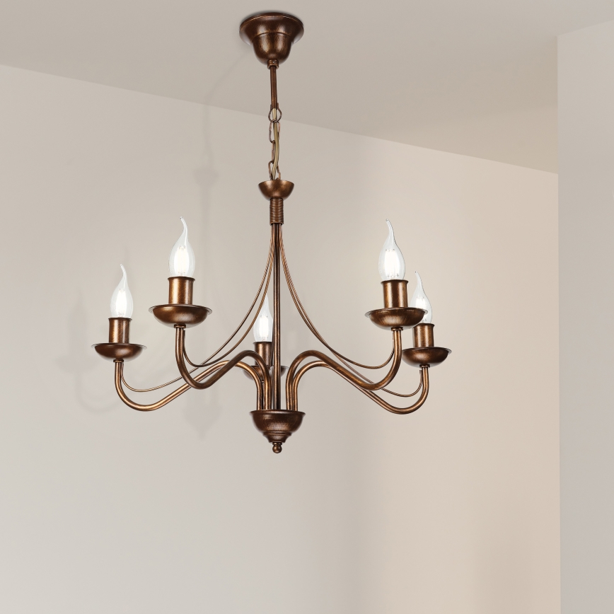 Lampadario a sospensione con catena ANTON 5xE14/15W/230V finitura bronzo