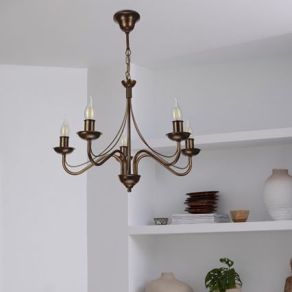 Lampadario a sospensione con catena ANTON 5xE14/15W/230V finitura bronzo