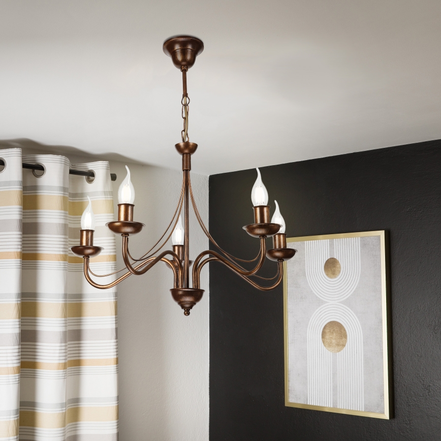 Lampadario a sospensione con catena ANTON 5xE14/15W/230V finitura bronzo