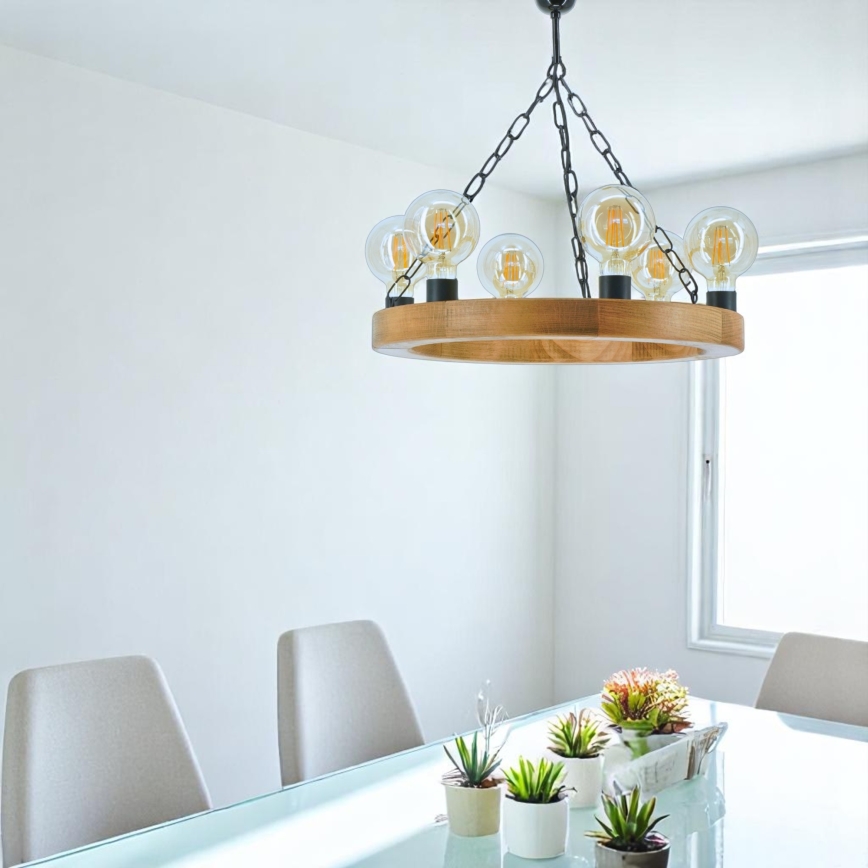 Lampadario a sospensione con catena IOS 6xE27/60W/230V diametro 50 cm faggio - FSC certificato