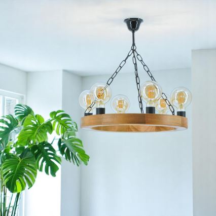 Lampadario a sospensione con catena IOS 6xE27/60W/230V diametro 50 cm faggio - FSC certificato