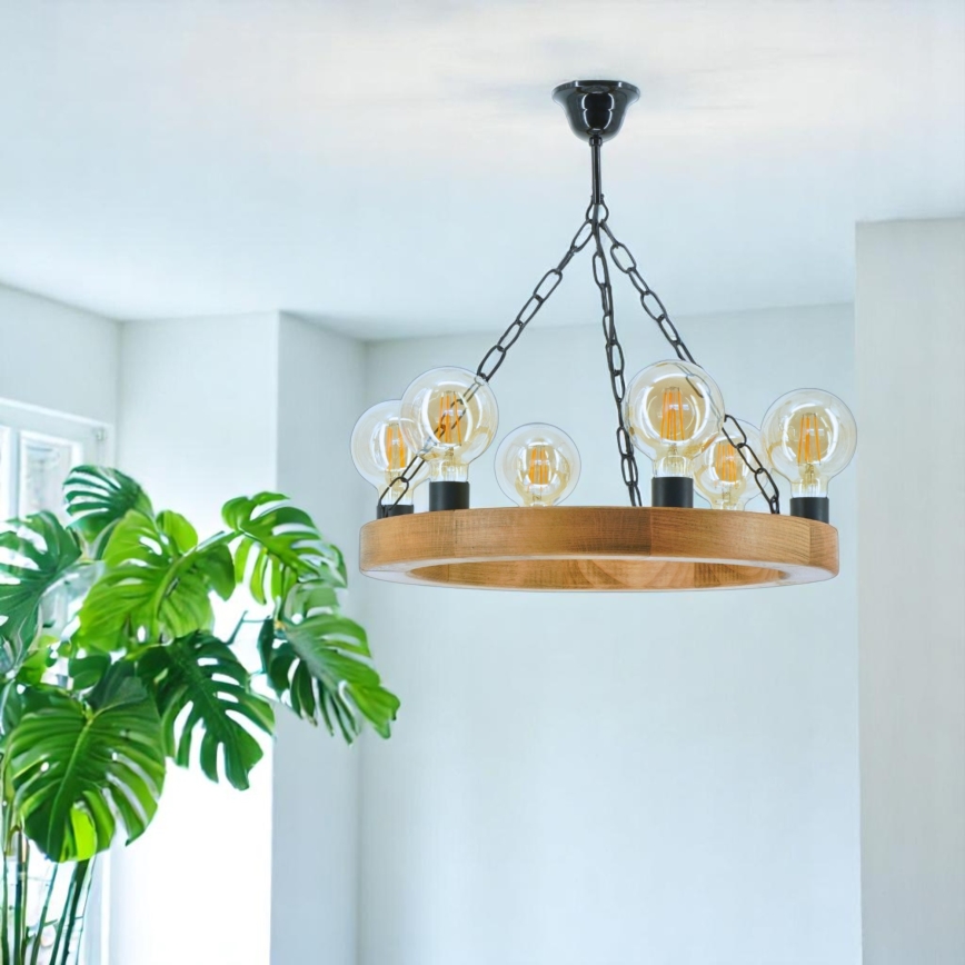 Lampadario a sospensione con catena IOS 6xE27/60W/230V diametro 50 cm faggio - FSC certificato