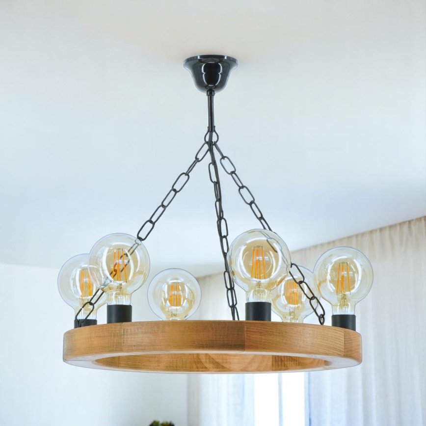 Lampadario a sospensione con catena IOS 6xE27/60W/230V diametro 50 cm faggio - FSC certificato