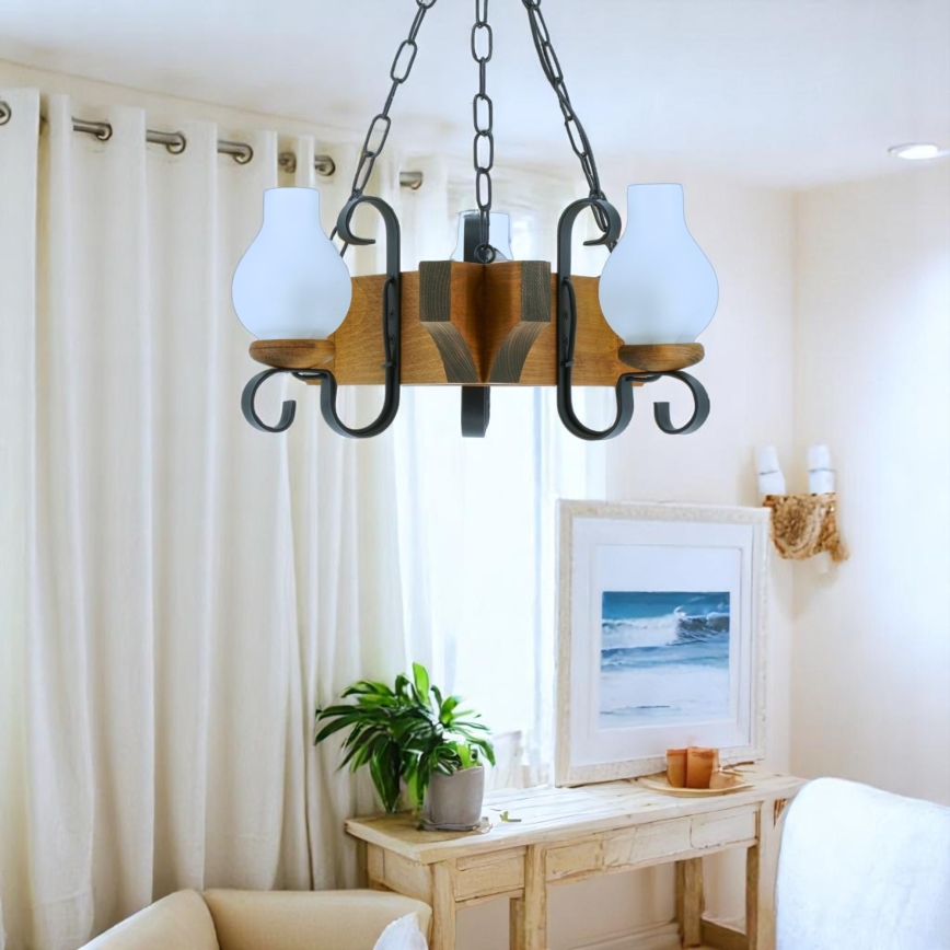 Lampadario a sospensione con catena QUEEN 3xE14/40W/230V faggio - FSC certificato