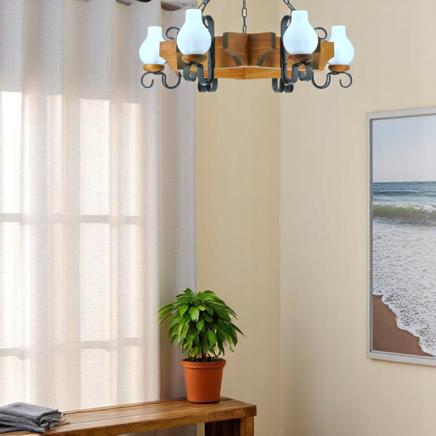 Lampadario a sospensione con catena QUEEN 6xE14/40W/230V faggio - FSC certificato