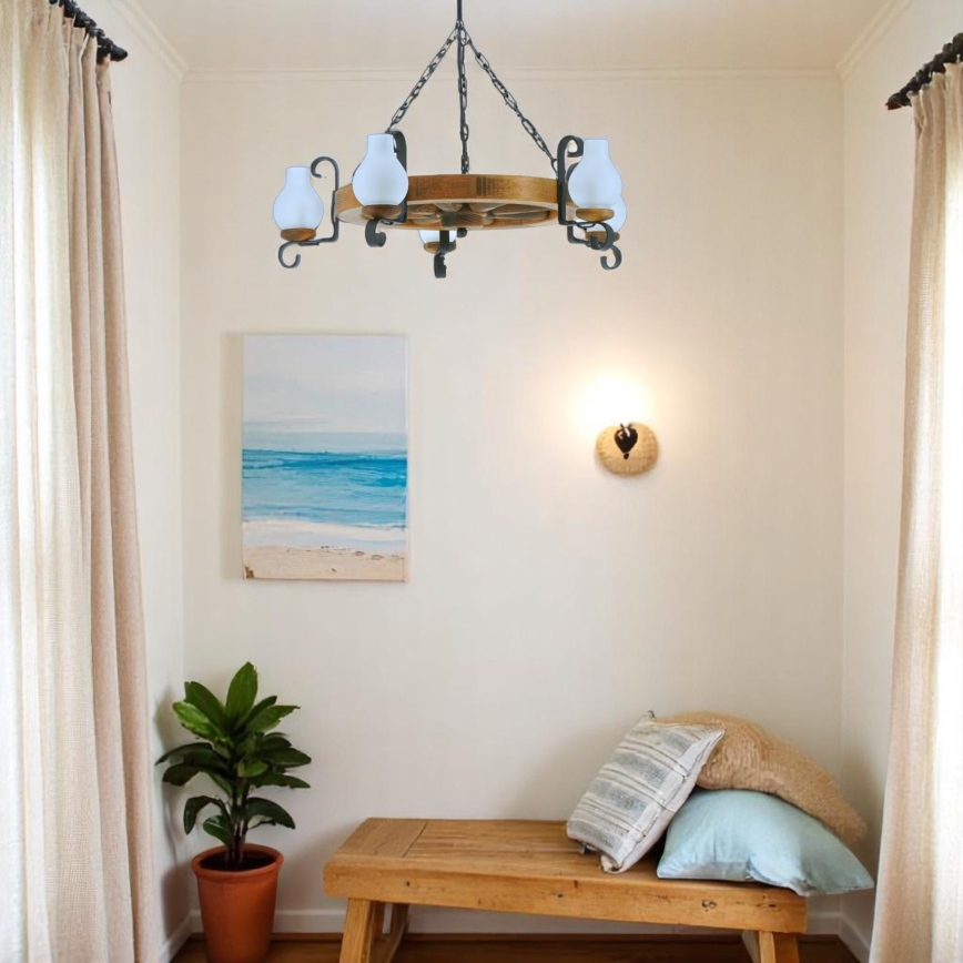 Lampadario a sospensione con catena ROATA 5xE14/40W/230V diametro 70 cm faggio - FSC certificato