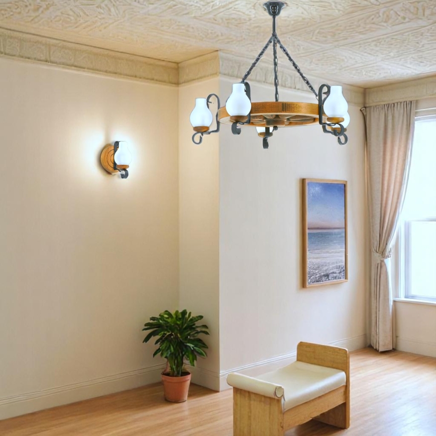 Lampadario a sospensione con catena ROATA 5xE14/40W/230V diametro 70 cm faggio - FSC certificato