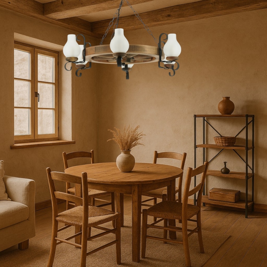 Lampadario a sospensione con catena ROATA 6xE14/40W/230V diametro 70 cm faggio - FSC certificato