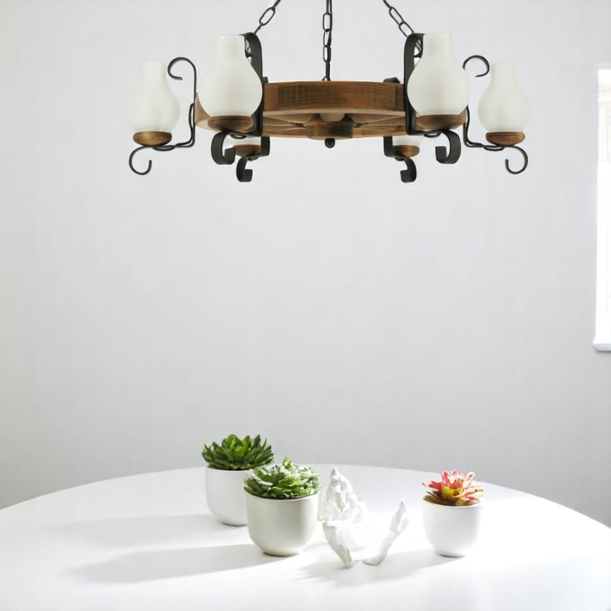 Lampadario a sospensione con catena ROATA 6xE14/40W/230V diametro 70 cm faggio - FSC certificato
