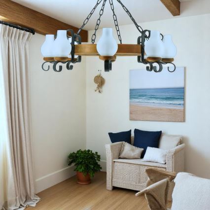Lampadario a sospensione con catena ROATA 8xE14/40W/230V diametro 70 cm faggio - FSC certificato