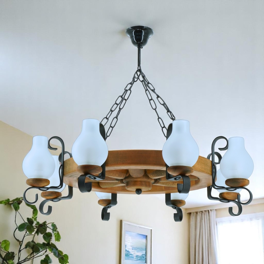 Lampadario a sospensione con catena ROATA 8xE14/40W/230V diametro 70 cm faggio - FSC certificato