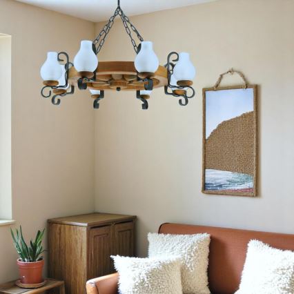 Lampadario a sospensione con catena ROATA 8xE14/40W/230V diametro 70 cm faggio - FSC certificato
