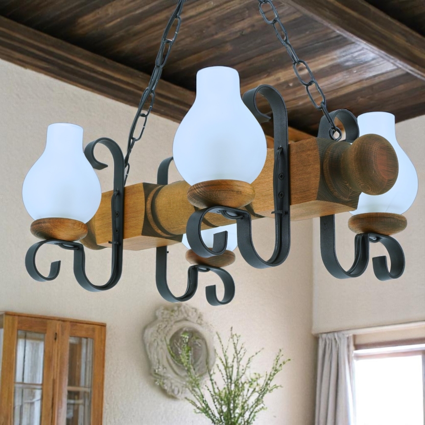 Lampadario a sospensione con catena RUSTIC 4xE14/40W/230V faggio - FSC certificato