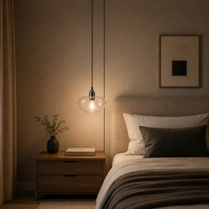 Lampadario a sospensione con cavo FLO, 1x E27, 15W, 230V, cromo lucido/trasparente
