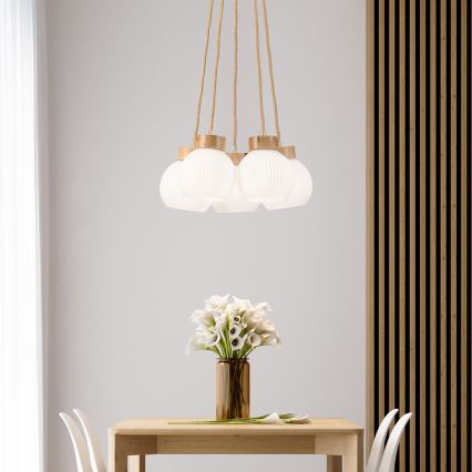 Lampadario a sospensione con cavo LOOMIS 5xE27/15W/230V 83 cm beige/rovere