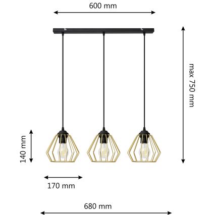 Lampadario a sospensione con filo AGAT 3xE27/15W/230V oro/nero