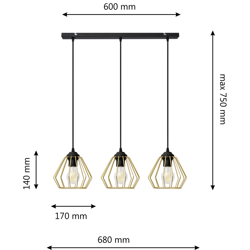 Lampadario a sospensione con filo AGAT 3xE27/15W/230V oro/nero