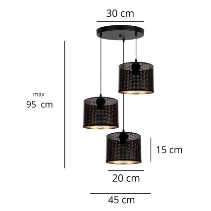 Lampadario a sospensione con filo ALDO 3xE27/60W/230V diametro 45 cm nero