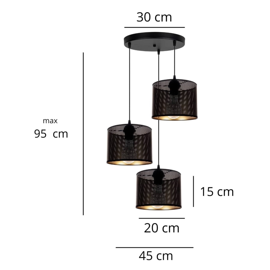 Lampadario a sospensione con filo ALDO 3xE27/60W/230V diametro 45 cm nero