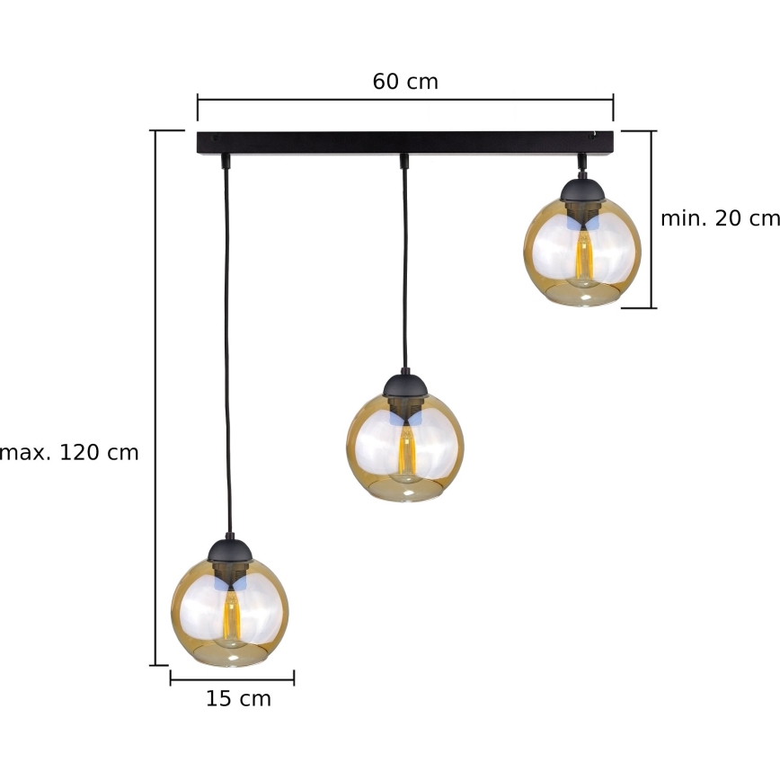 Lampadario a sospensione con filo AMBRE BLACK 3xE27/60W/230V nero/fumé marrone