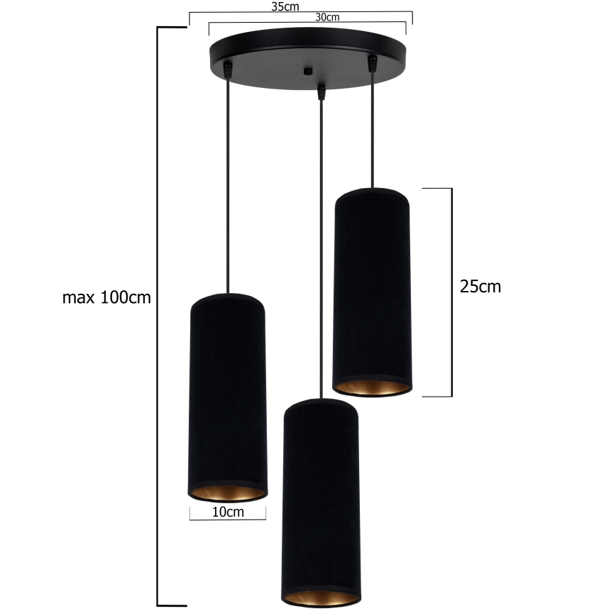 Lampadario a sospensione con filo AVALO 3xE27/60W/230V diametro 35 cm nero