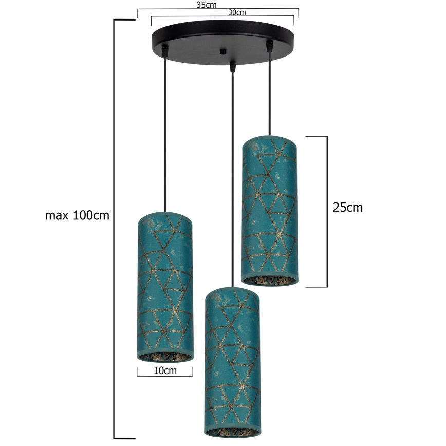 Lampadario a sospensione con filo AVALO 3xE27/60W/230V diametro 35 cm turchese/oro