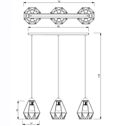 Lampadario a sospensione con filo BERGEN 3xE27/60W/230V nero/oro