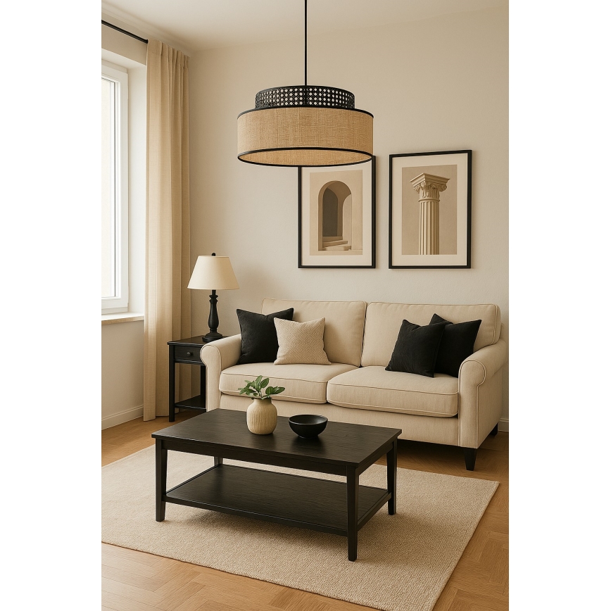 Lampadario a sospensione con filo BOHO 1xE27/60W/230V nero/rattan