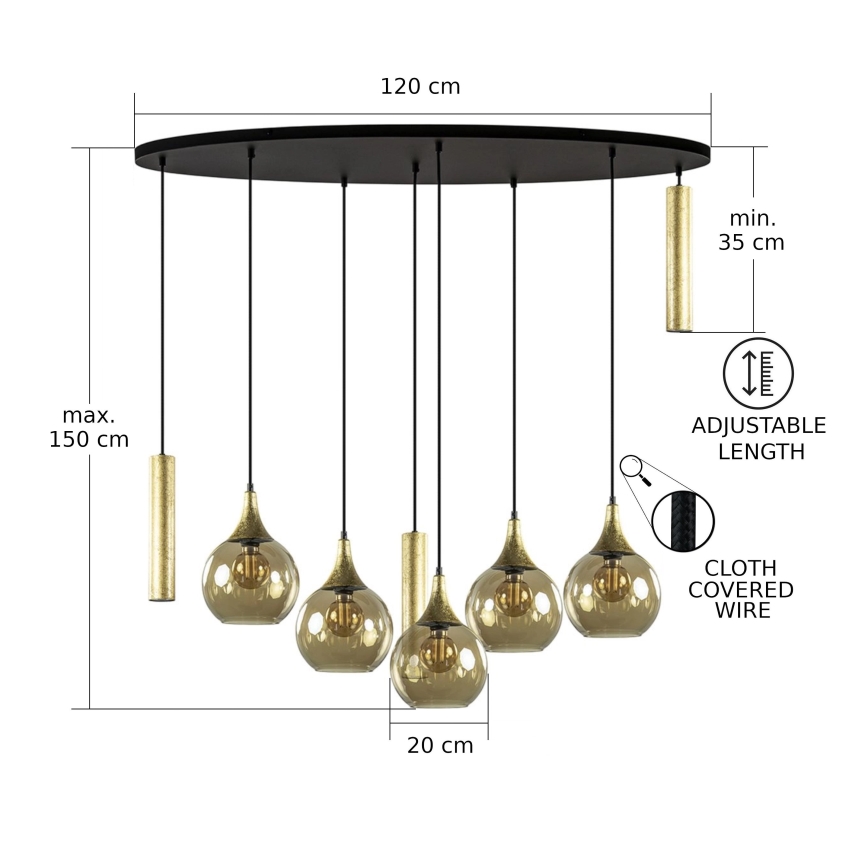 Lampadario a sospensione con filo CALYPSO 3xGU10/60W/230V + 5xE27/60W nero/oro