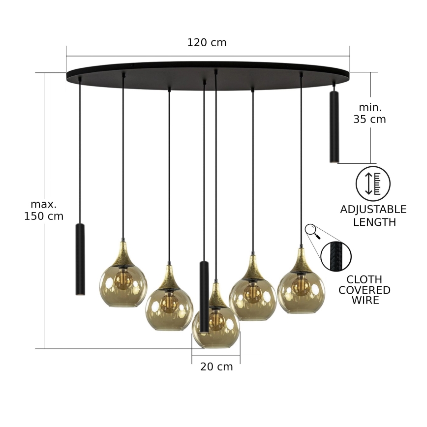 Lampadario a sospensione con filo CALYPSO 3xGU10/60W/230V + 5xE27/60W nero/oro