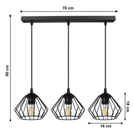 Lampadario a sospensione con filo CEED 3xE27/60W/230V nero