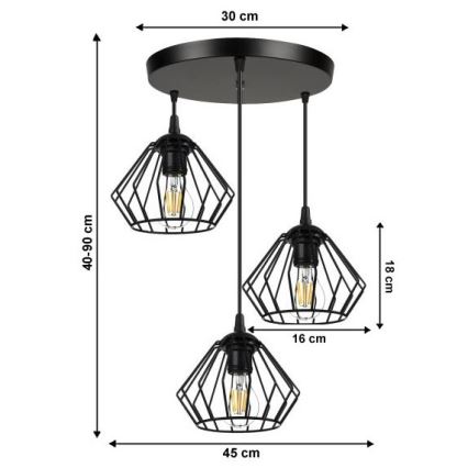 Lampadario a sospensione con filo CEED 3xE27/60W/230V nero