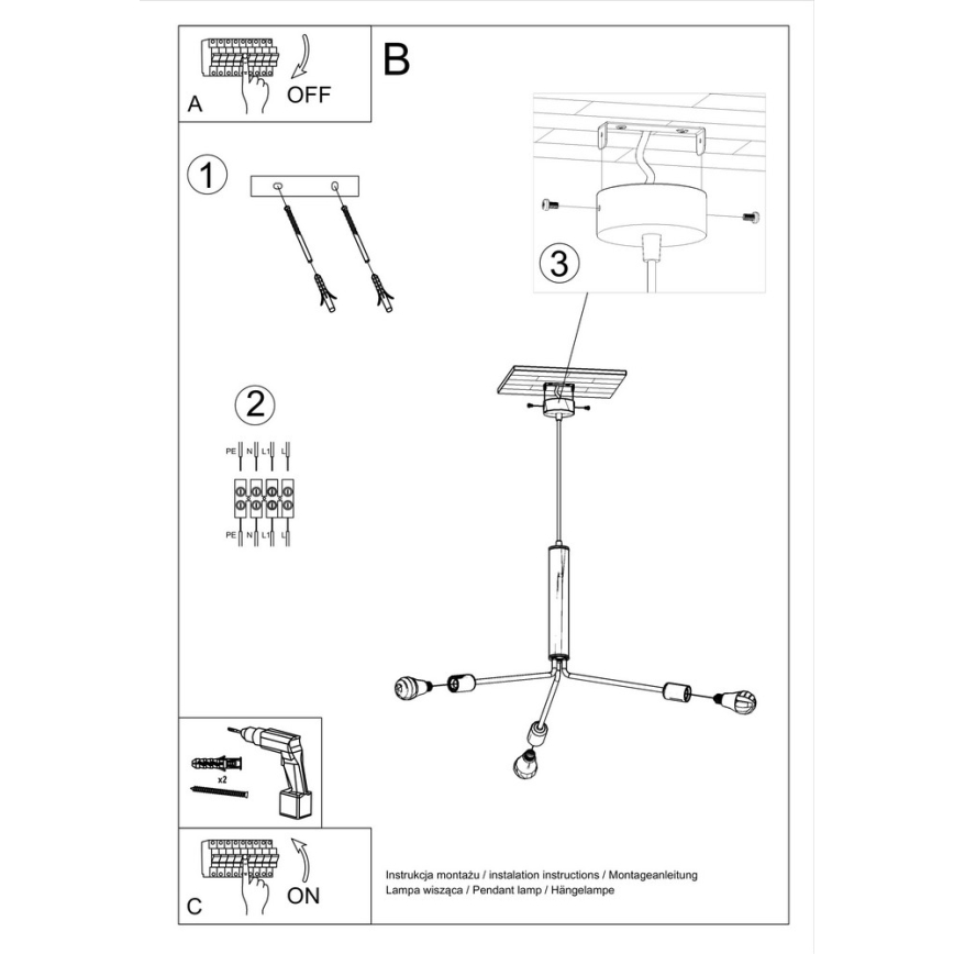 Lampadario a sospensione con filo DUOMO 3D 3xE27/60W/230V nero