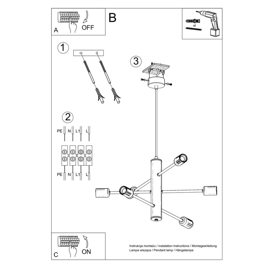 Lampadario a sospensione con filo DUOMO 6 6xE27/60W/230V nero
