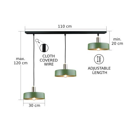 Lampadario a sospensione con filo HAKI 3xE27/60W/230V verde/nero/cromo lucido