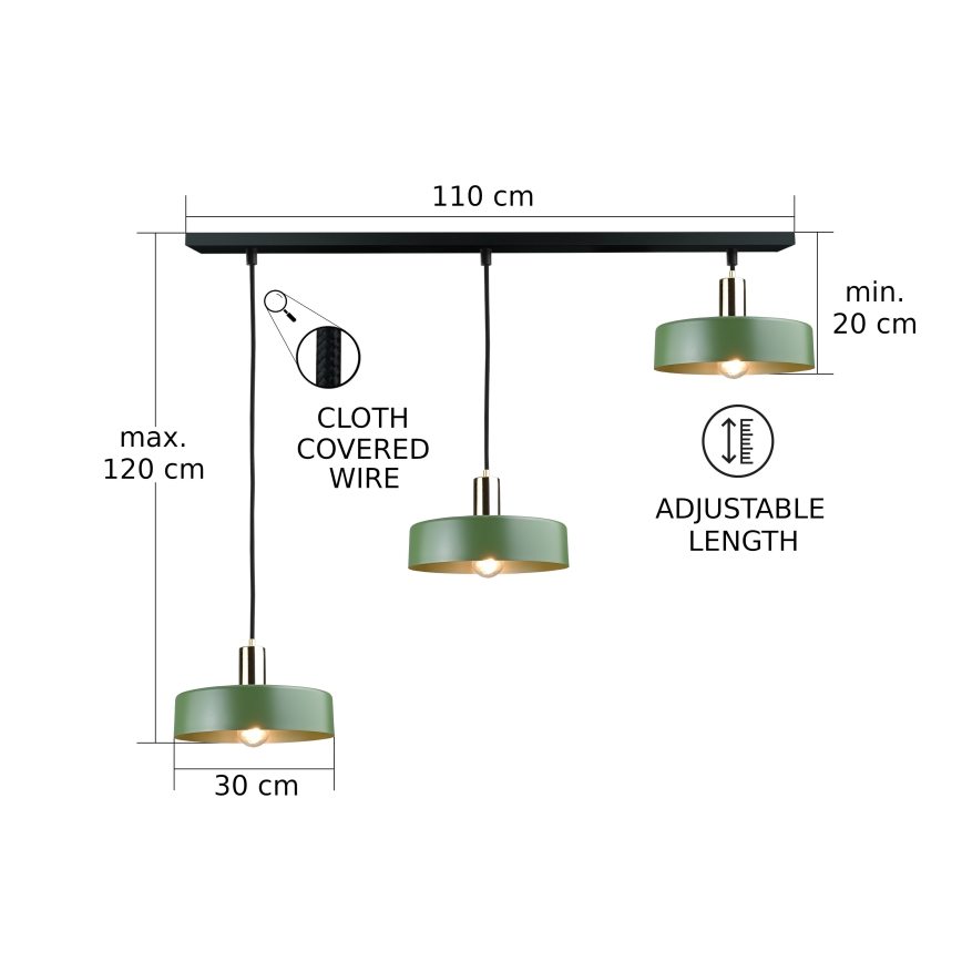 Lampadario a sospensione con filo HAKI 3xE27/60W/230V verde/nero/cromo lucido