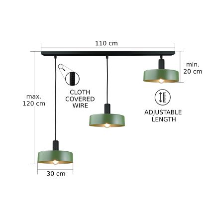Lampadario a sospensione con filo HAKI 3xE27/60W/230V verde/nero
