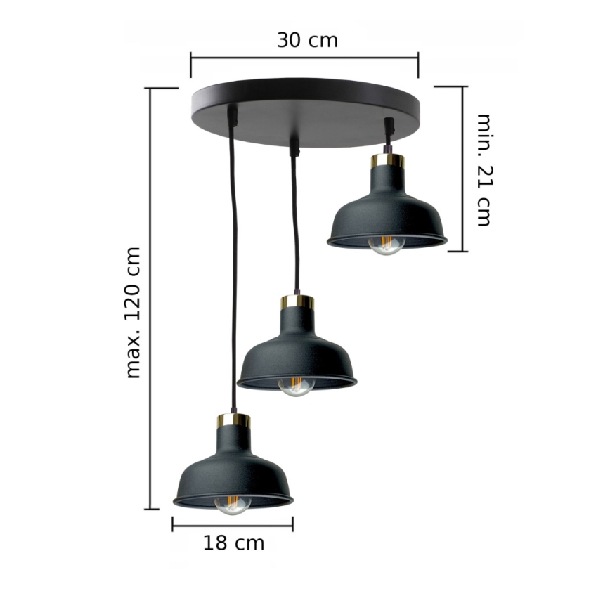 Lampadario a sospensione con filo HEBE 3xE27/60W/230V nero