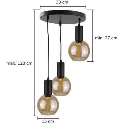 Lampadario a sospensione con filo JANTAR BLACK 3xE27/60W/230V diametro 30 cm