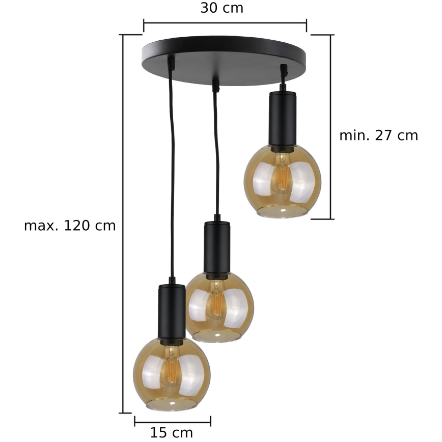 Lampadario a sospensione con filo JANTAR BLACK 3xE27/60W/230V diametro 30 cm