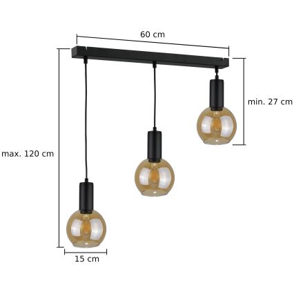 Lampadario a sospensione con filo JANTAR BLACK 3xE27/60W/230V