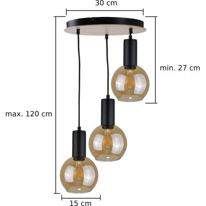 Lampadario a sospensione con filo JANTAR WOOD 3xE27/60W/230V diametro 30 cm