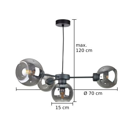 Lampadario a sospensione con filo KALIOPE 6xE27/60W/230V nero/fumé nero