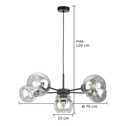 Lampadario a sospensione con filo KALIOPE 6xE27/60W/230V nero/limpido