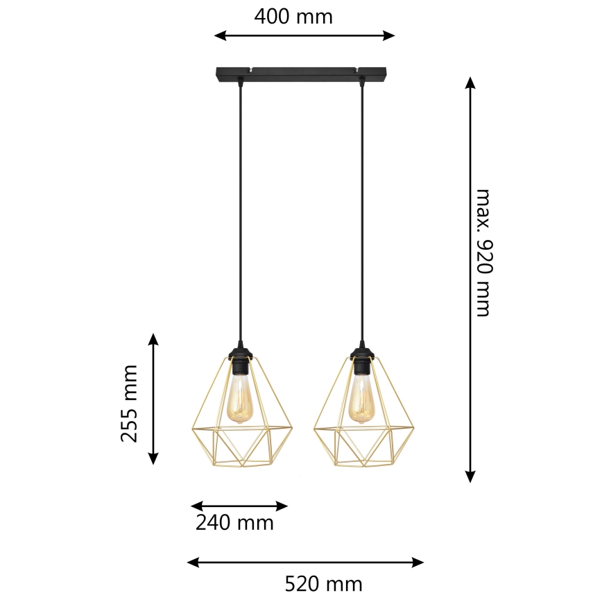 Lampadario a sospensione con filo KARO 2xE27/15W/230V oro/nero