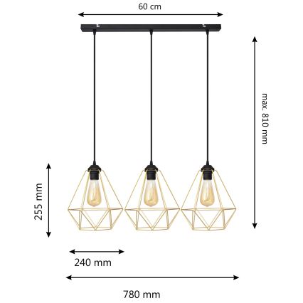 Lampadario a sospensione con filo KARO 3xE27/15W/230V oro/nero
