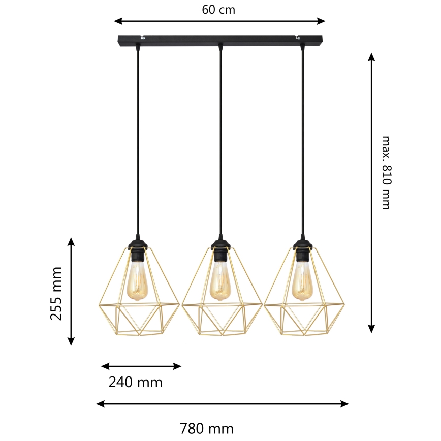 Lampadario a sospensione con filo KARO 3xE27/15W/230V oro/nero