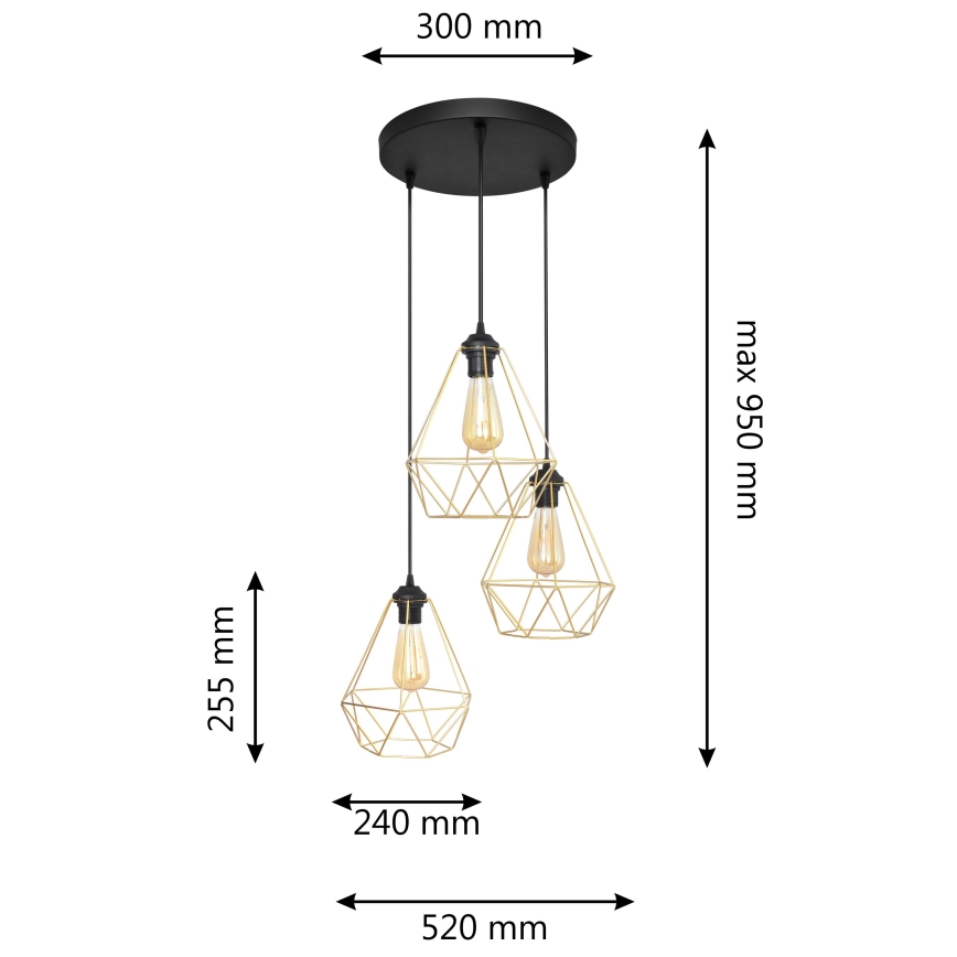 Lampadario a sospensione con filo KARO 3xE27/15W/230V oro/nero