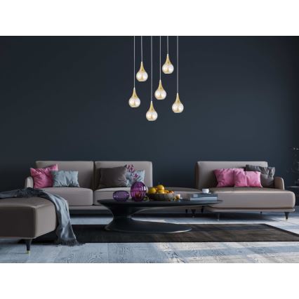 Lampadario a sospensione con filo LACRIMA HONEY 6xE27/60W/230V bianco/oro/fumé beige