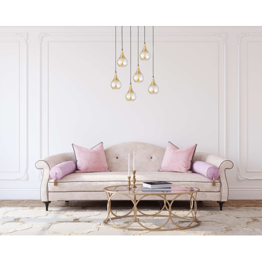 Lampadario a sospensione con filo LACRIMA HONEY 6xE27/60W/230V nero/oro/fumé beige